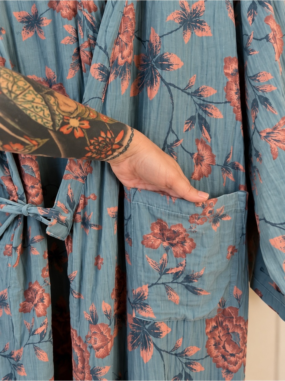 100% Cotton Floral Kimono Robe Duster Blue Rust 2XL
